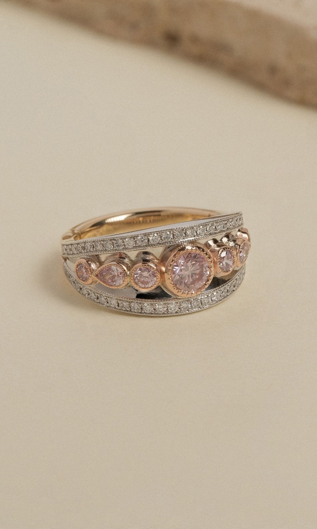 Hogans Family Jewellers Bespoke 18K YWRG Australian Pink Diamond Hinged Dress Ring