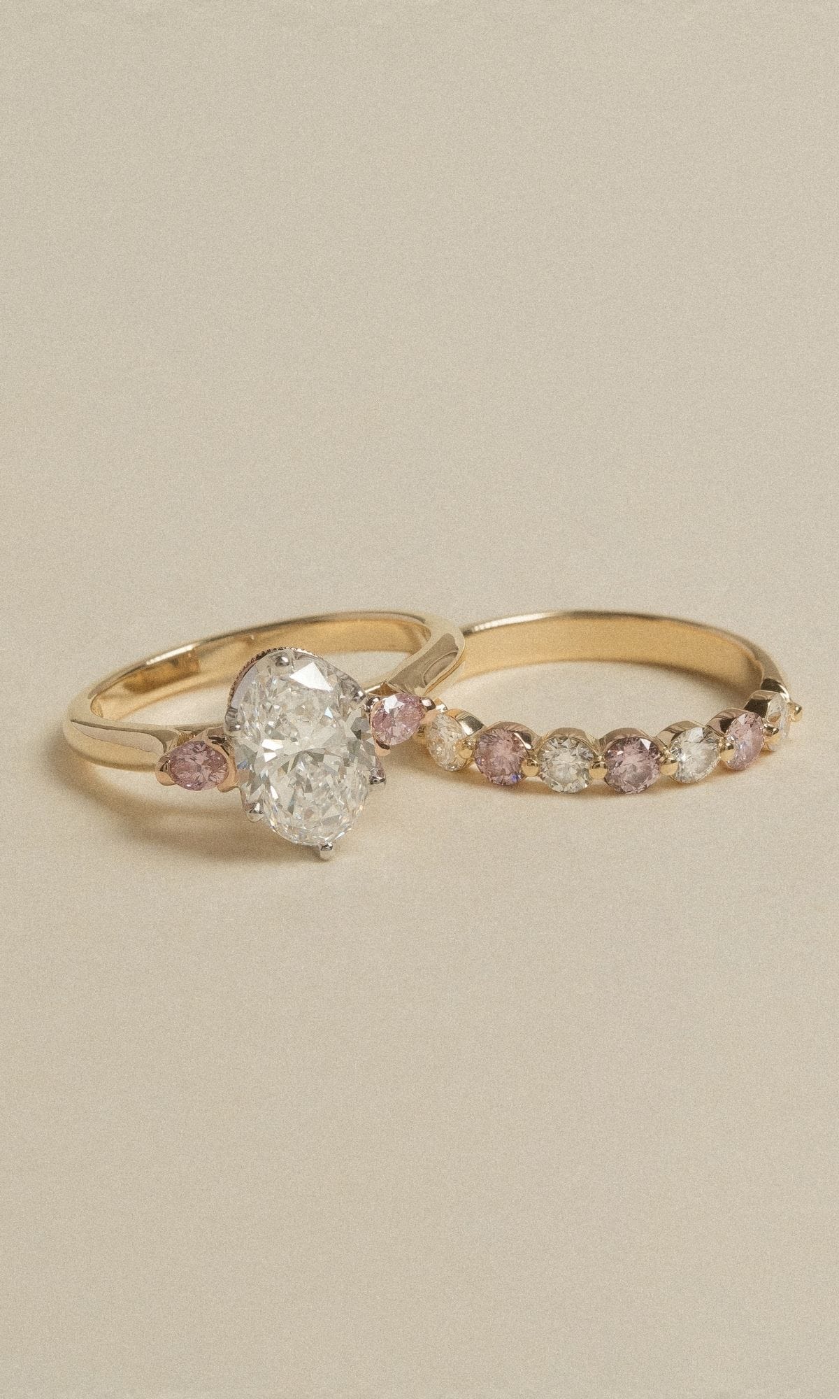 Hogans Family Jewellers Bespoke 18K YWRG Diamond & Australian Pink Diamond Trilogy Ring & Band