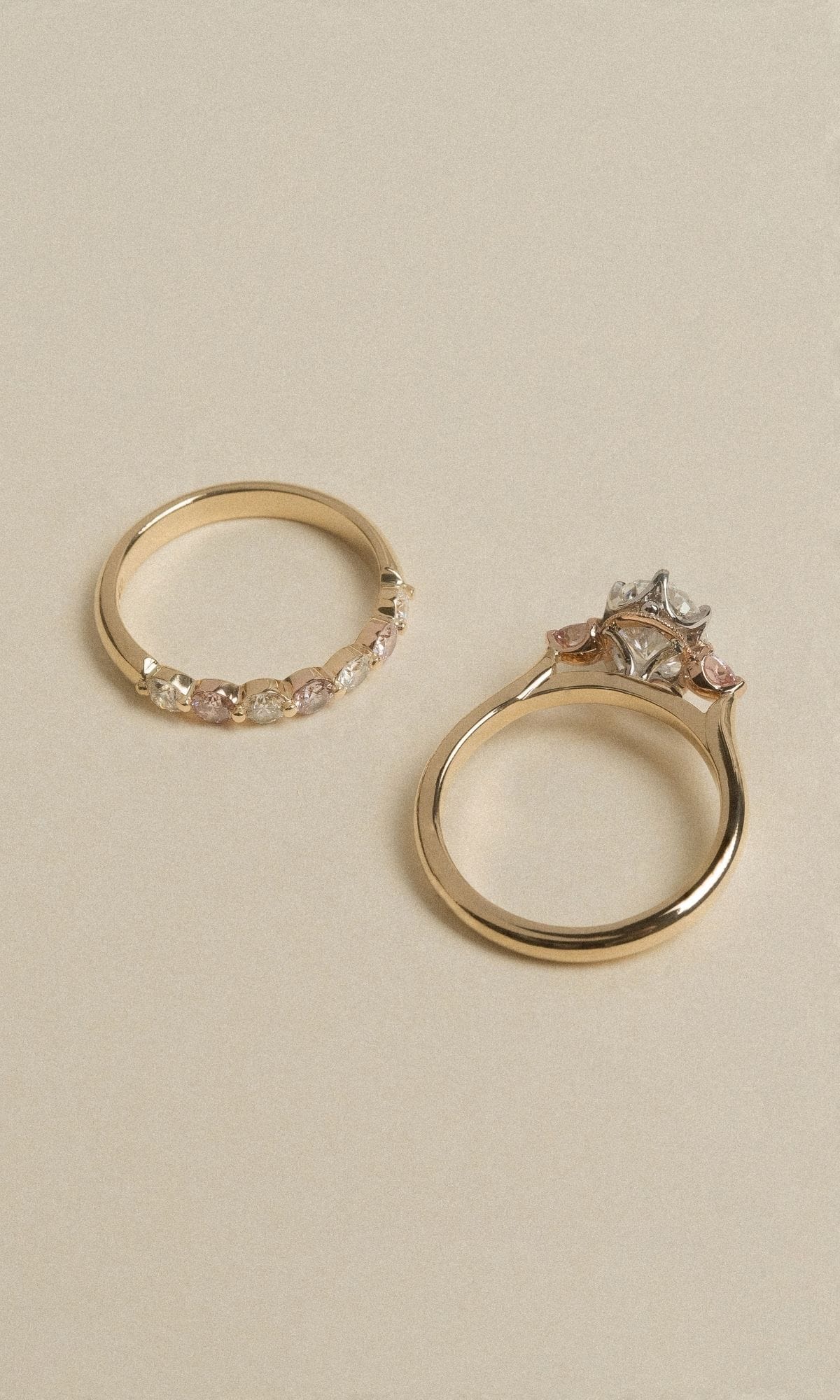 Hogans Family Jewellers Bespoke 18K YWRG Diamond & Australian Pink Diamond Trilogy Ring & Band