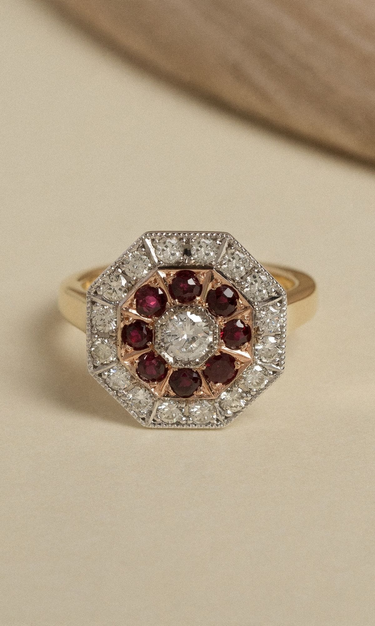 Hogans Family Jewellers Bespoke 18K YWRG Ruby & Diamond Art Deco Cluster Ring