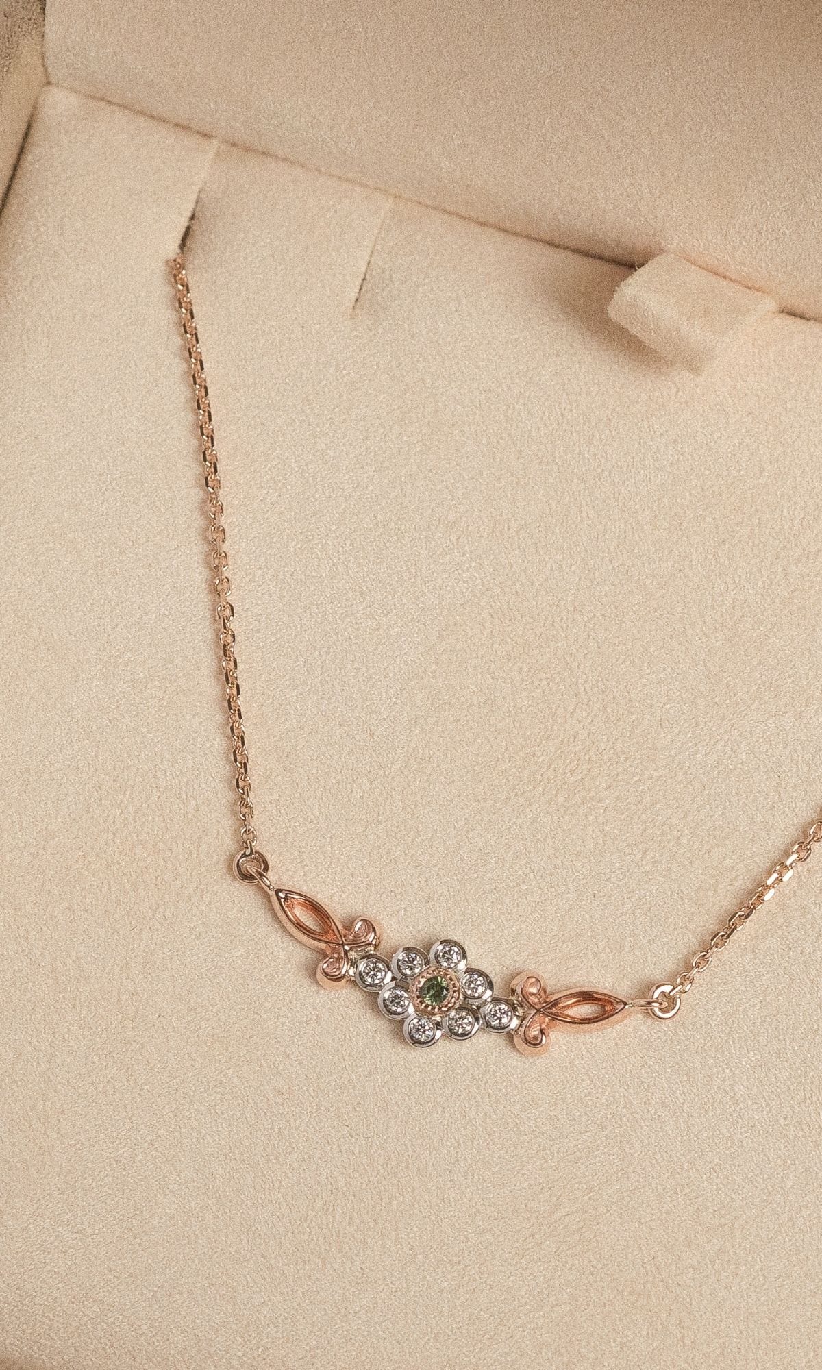 Hogans Family Jewellers Bespoke 9K RWG Sapphire & Diamond Floral Necklace