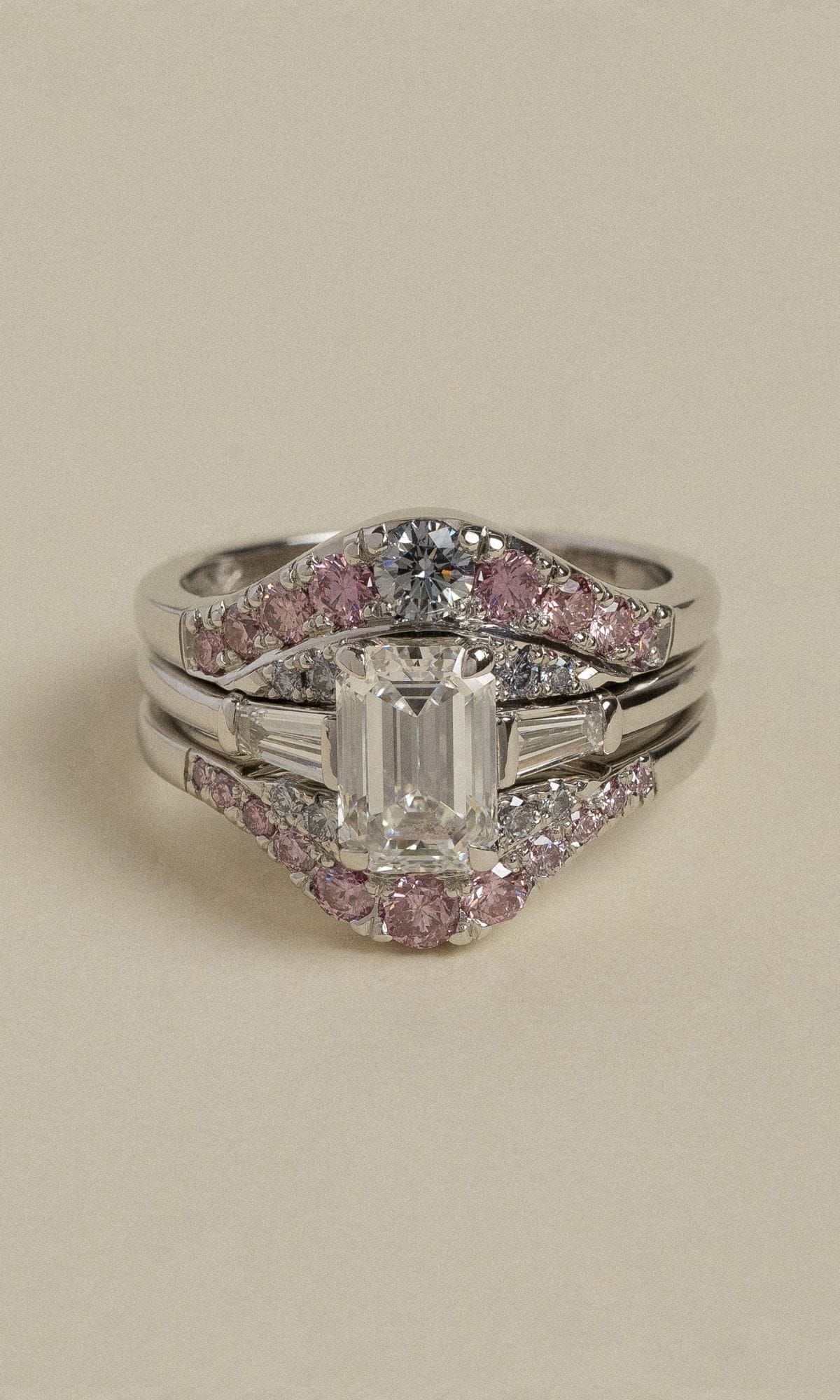 Hogans Family Jewellers Bespoke Platinum Diamond Trilogy Ring & Australian Pink & Blue Diamond Contoured Bands