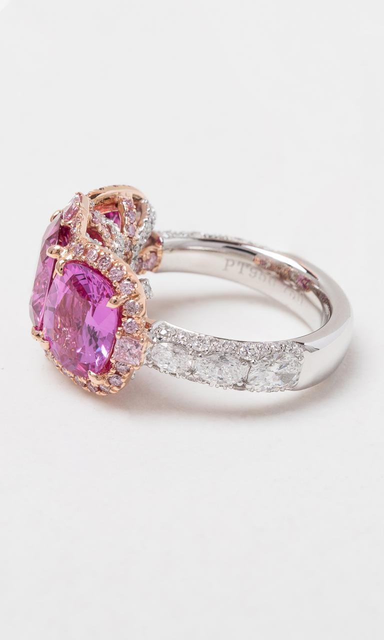 Hogans Family Jewellers Platinum & 18K RG Cushion Cut Pink Sapphire & Australian Pink Diamond Trilogy Dress Ring