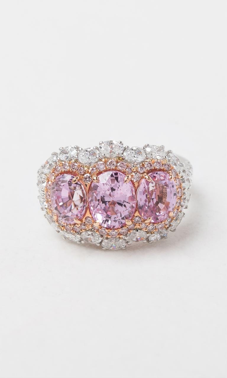 Hogans Family Jewellers Platinum & 18K RG Oval Cut Padparadscha Sapphire & Australian Pink Diamond Trilogy Cluster Dress Ring