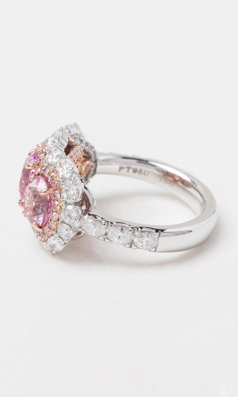 Hogans Family Jewellers Platinum & 18K RG Oval Cut Padparadscha Sapphire & Australian Pink Diamond Trilogy Cluster Dress Ring
