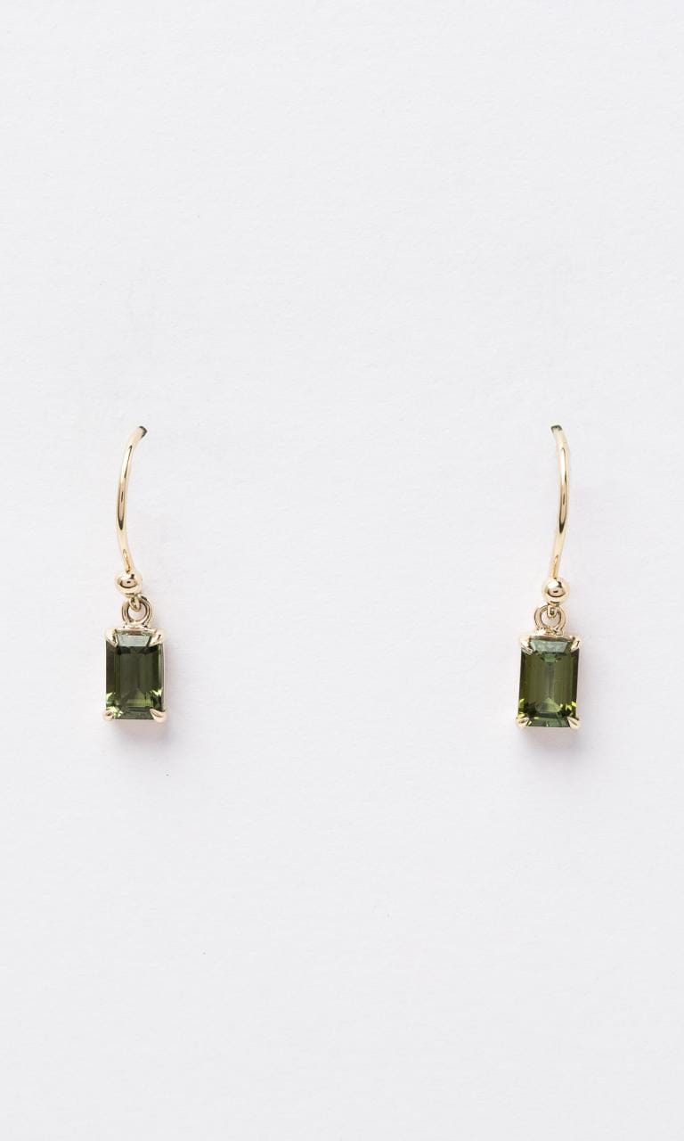 9K YG Emerald Cut Tourmaline Drop Earrings