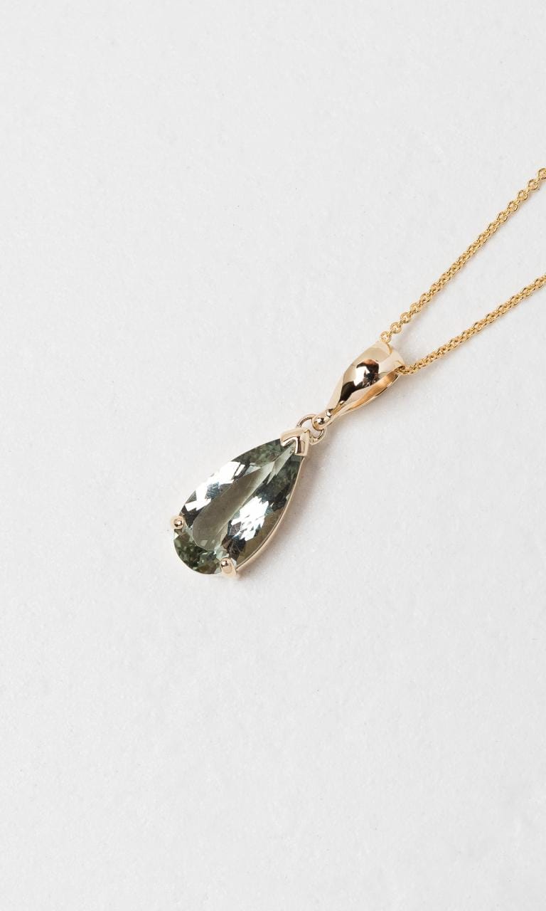 9K YG Pear Cut Green Amethyst Solitaire Pendant