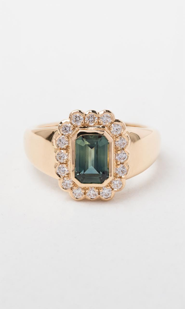 18K YG Emerald Cut Parti Sapphire Halo Ring