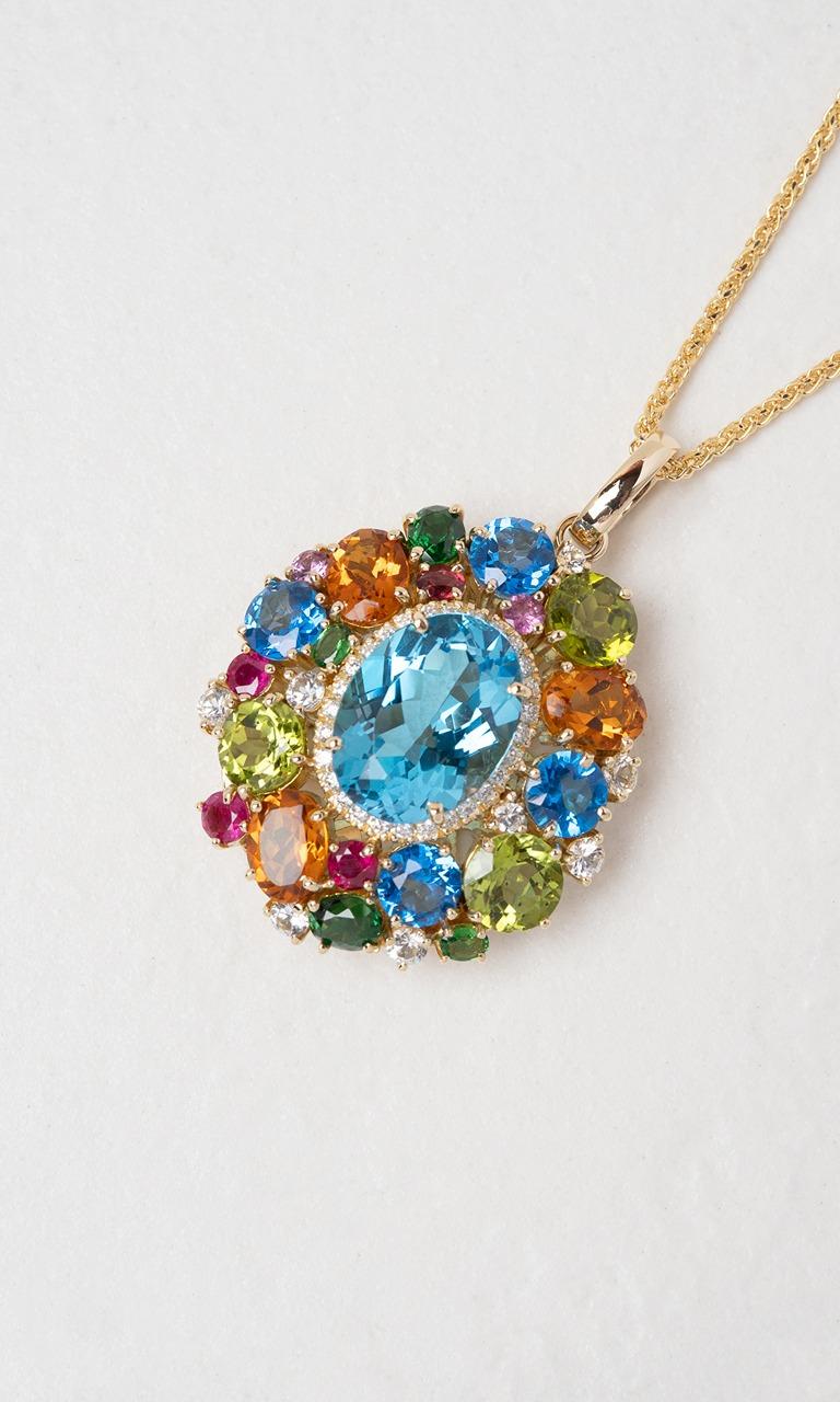 14K YG Oval Cut Multi-Coloured Gemstone Cluster Pendant