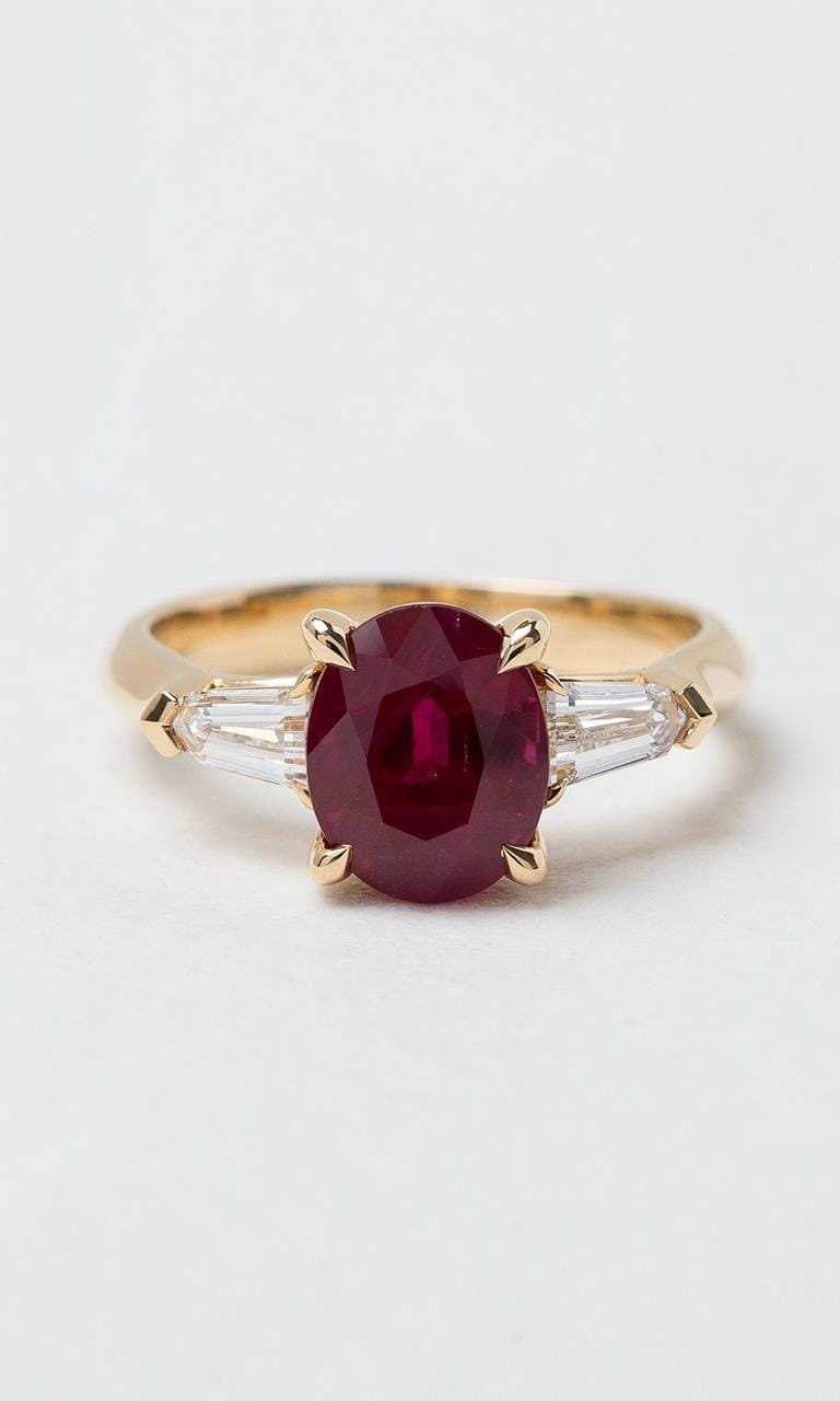 18K YG Oval Cut Burmese Ruby Trilogy Ring